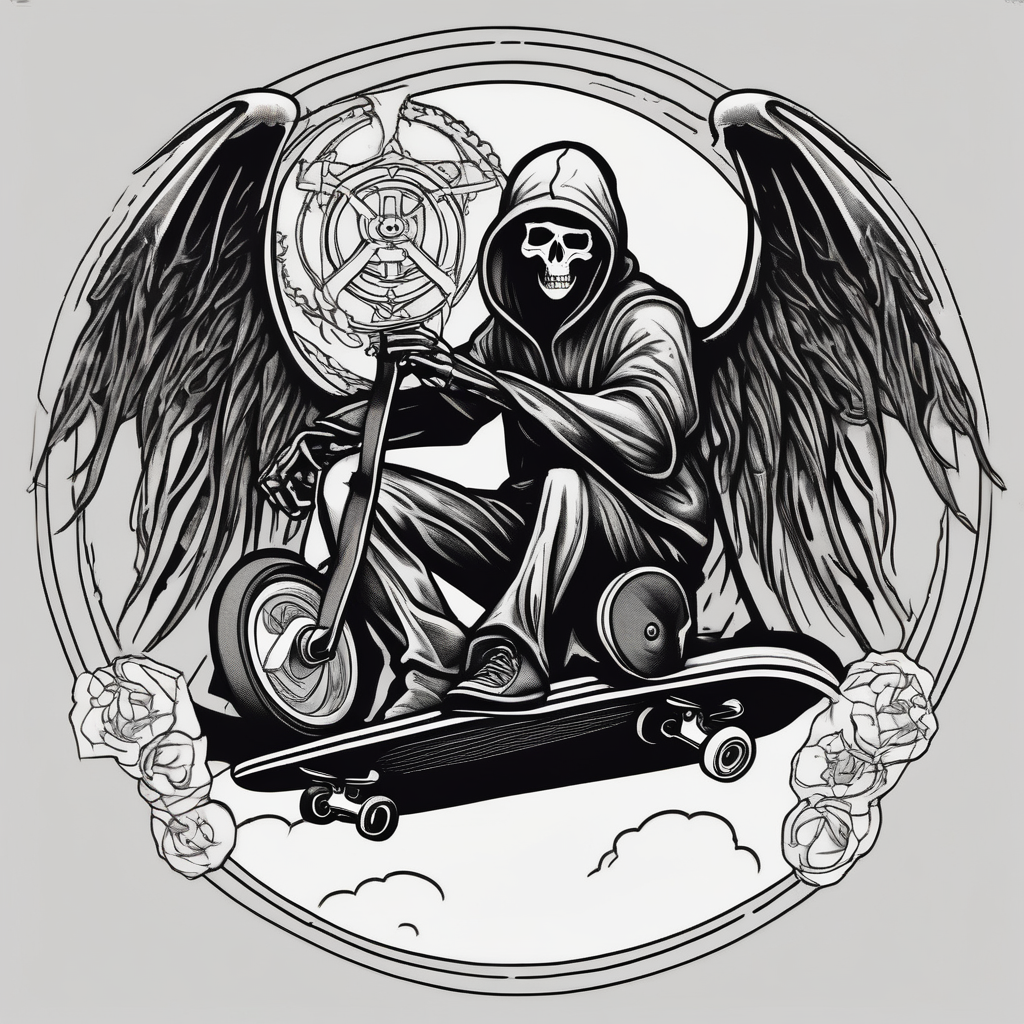 the grim reaper riding a skateboard with an angel halo above his head grim-reaper, AI-generated Blackwork tattoo design