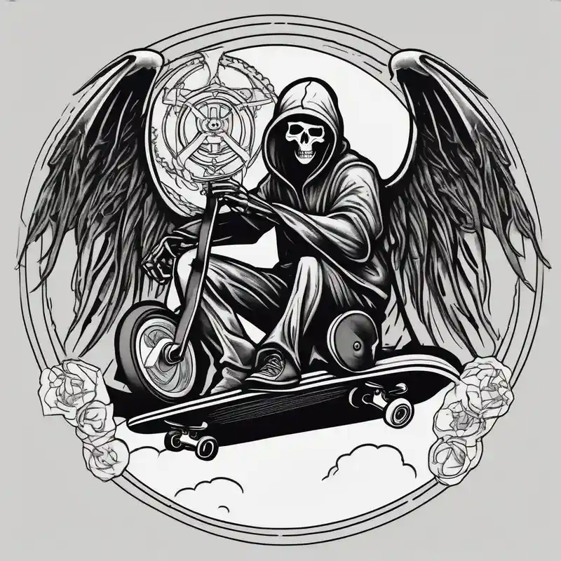 the grim reaper riding a skateboard with an angel halo above his head – Blackwork, Vibrant color