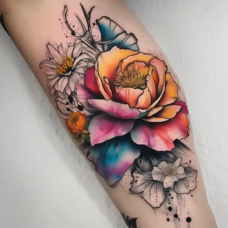 a watercolor tattoo with one rose, one lily, one marigold, and one cosmos flower. Half of it should be black and white and it – Japanese, Vibrant color