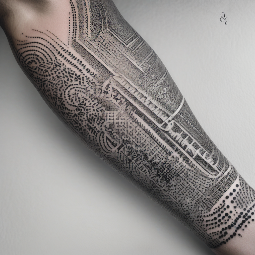 Dawson and Dakota names in a graffiti into a full tattoo sleeve half-sleeve--for-men, AI-generated Dotwork tattoo design