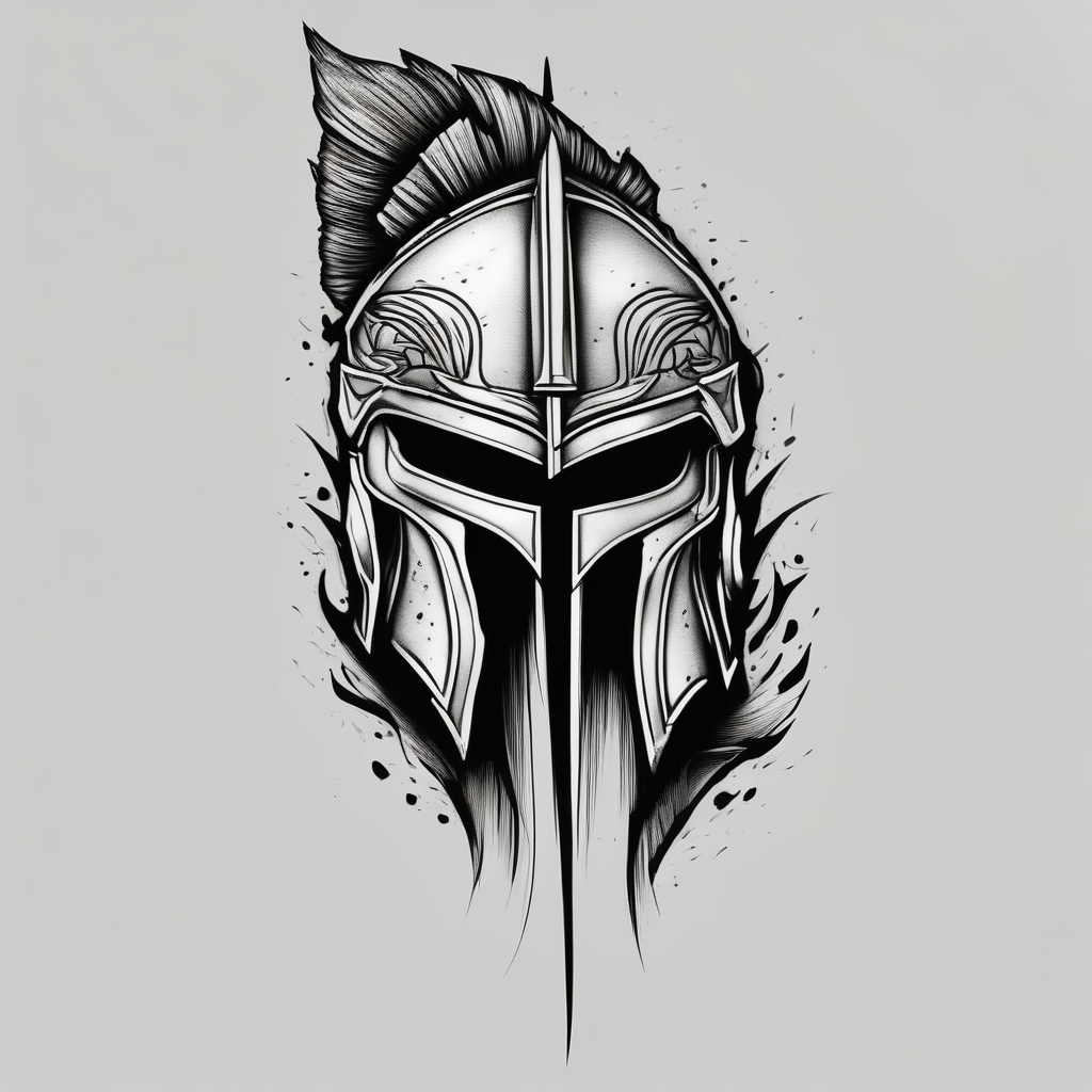 Spartan helmet forearm sleeve, black and white, masculine, aggressive looking, busy flow half-sleeve--for-men, AI-generated Surreal tattoo design