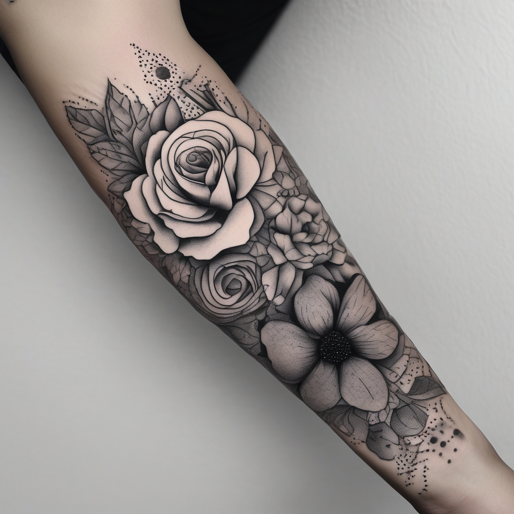 Pin up arm sleeve. With October flower November flower December flower half-sleeve--for-men, AI-generated Dotwork tattoo design