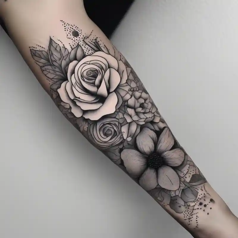 dotwork style Men's Half Sleeve Tattoo Ideas and Designs in 2025 & free generation about Pin up arm sleeve. With October flower November flower December flower half-sleeve--for-men and Pin up arm sleeve. With October flower November flower December flower half-sleeve--for-men
