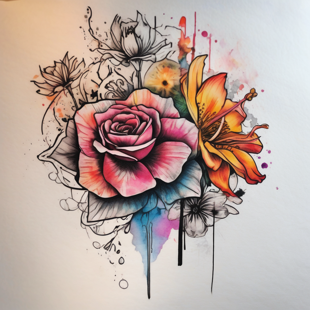 a watercolor tattoo with one rose, one lily, one marigold, and one cosmos flower. Half of it should be black and white and it should transition into rainbow half-sleeve--for-men, AI-generated Watercolor tattoo design