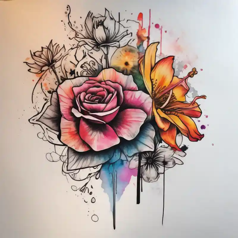 a watercolor tattoo with one rose, one lily, one marigold, and one cosmos flower. Half of it should be black and white and it