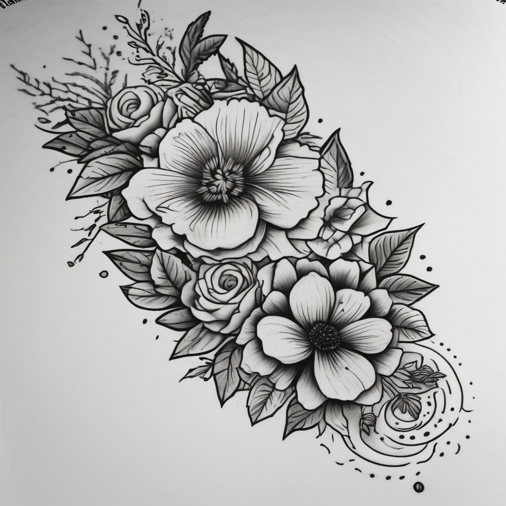 Pin up picture arm sleeve. With October flower November flower December flower half-sleeve--for-men, AI-generated Blackwork tattoo design