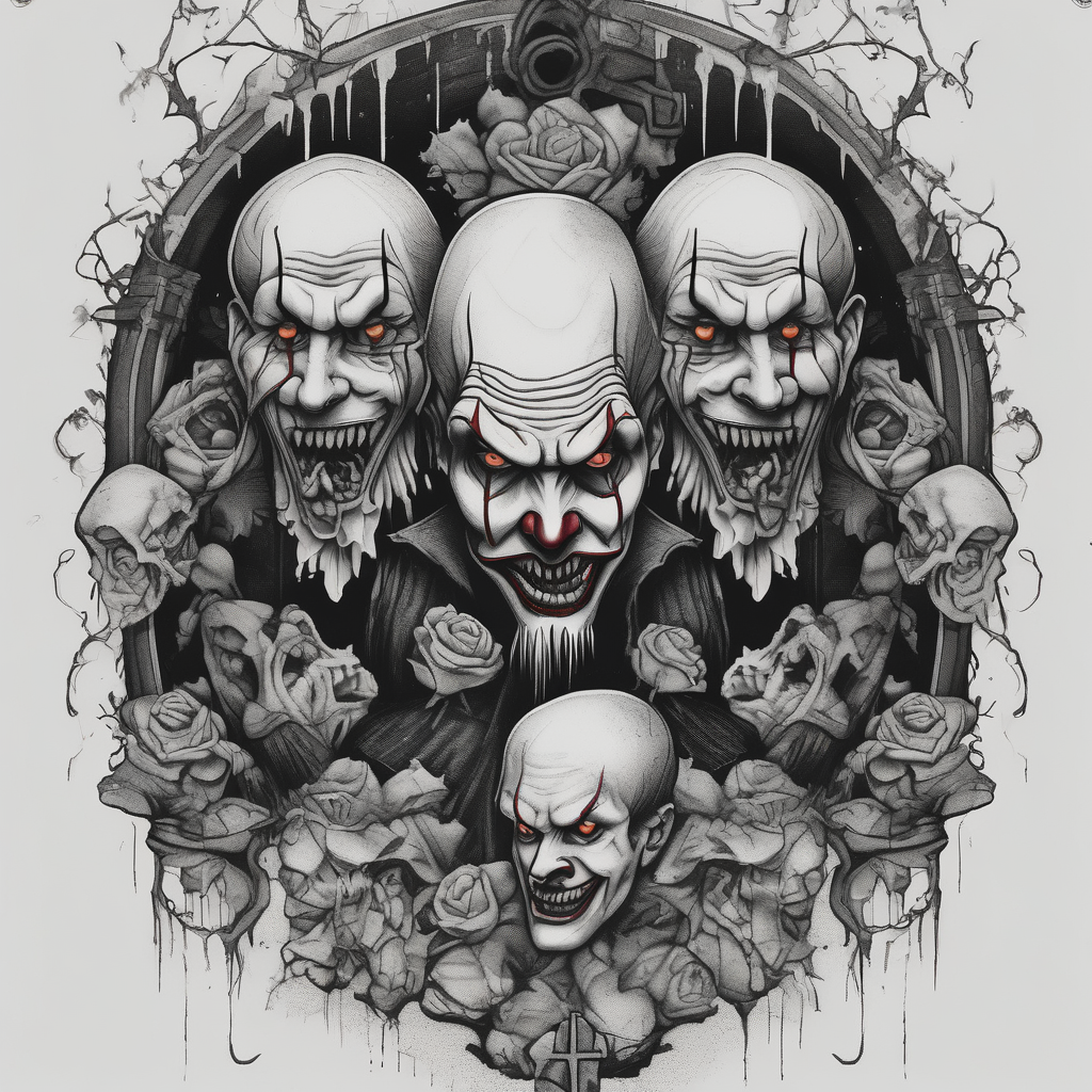 evil faces in the graveyard half decayes with penny wise the clown half-sleeve-for-men, diseño de tatuaje Blackwork generado con IA