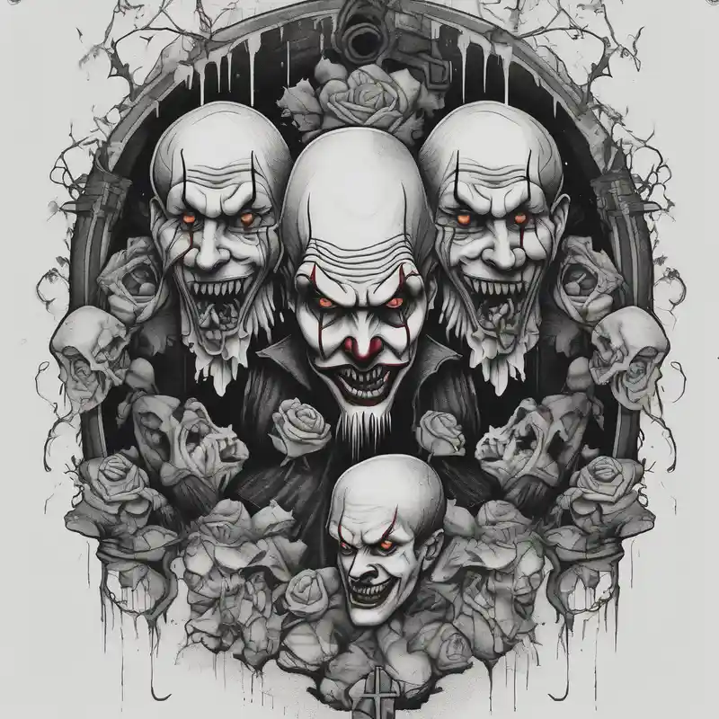 evil faces in the graveyard half decayes with penny wise the clown – Blackwork, Blanco y negro