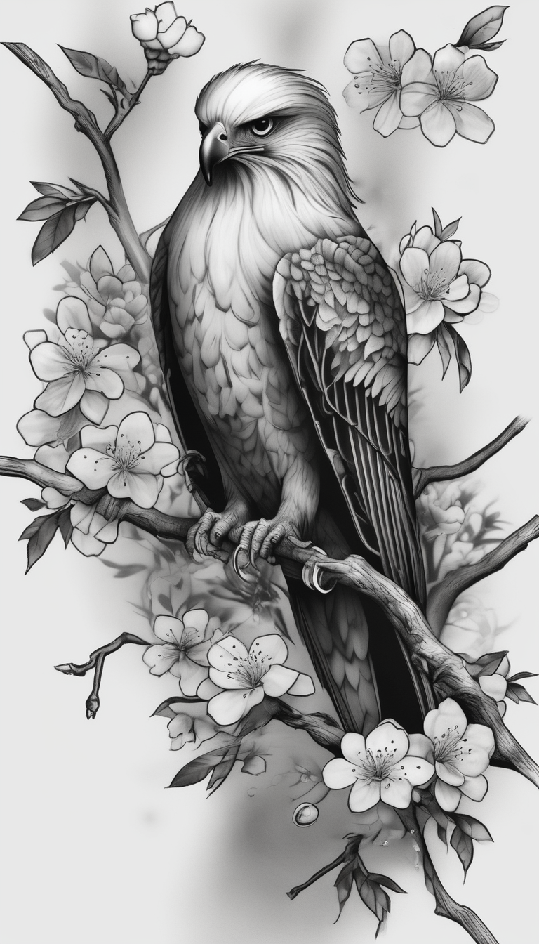 traditional. full leg sleeve with the following elements: hawk and cherry blossoms half-sleeve-for-men, design de tatouage Réaliste généré par IA