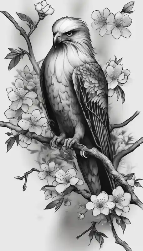 traditional. full leg sleeve with the following elements: hawk and cherry blossoms