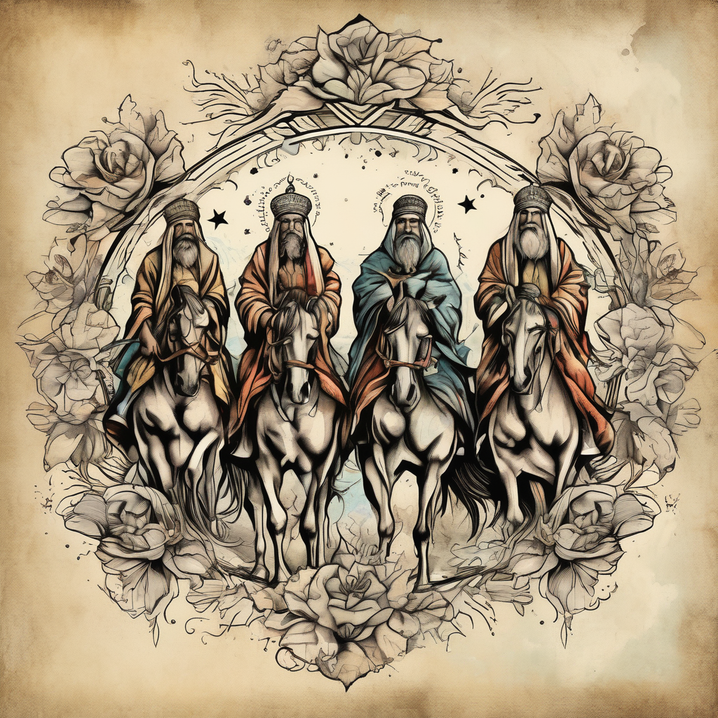 three wise men old school vintage simple traditional design with vintage flowers surrounding it bold color simple half-sleeve-for-men(AIが生成した水彩スタイルのタトゥーデザイン)