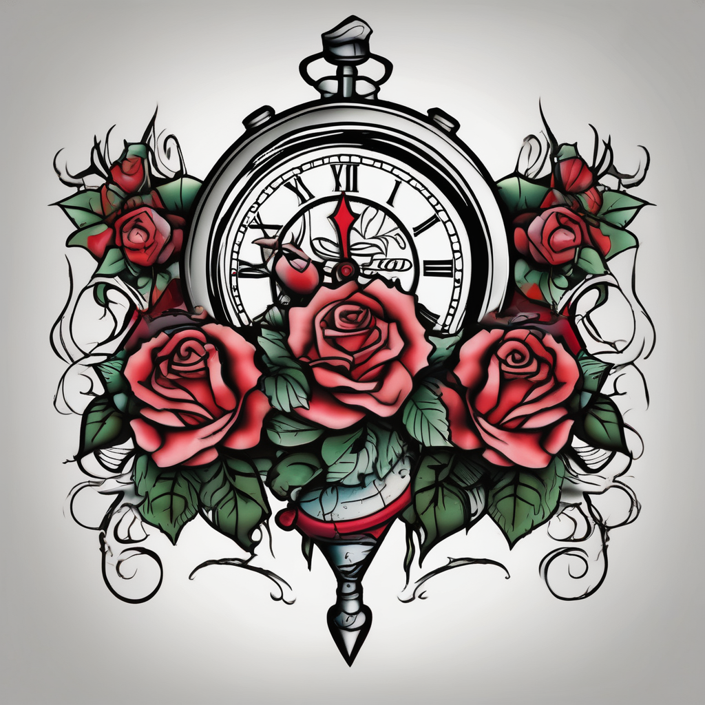 Clock with roses on shoulder/bicep going into roses with the word amor on forearm full sleeve half-sleeve-for-men, AI-generated Old School tattoo design