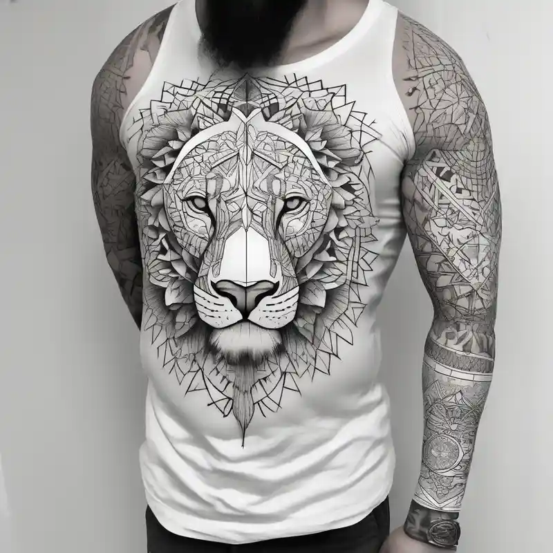 leg full sleeve for men, includes mandalas, flowers, geometric figures and a lion in the calf – Géométrique, Couleurs vives