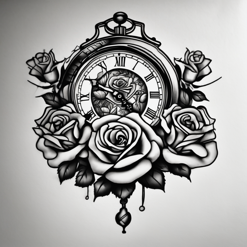 Clock with roses on shoulder/bicep going into roses with the word amor on forearm full sleeve half-sleeve-for-men, AI-generated Blackwork tattoo design