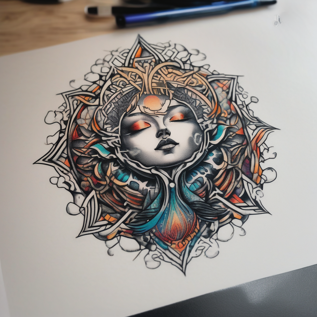 Water element with half a sun, some water dots, half-sleeve-for-men, diseño de tatuaje Dotwork generado con IA