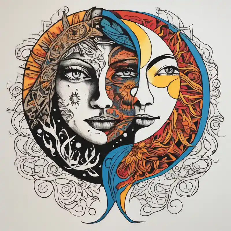 sun and the moon, the overlap the sun has a woman's half face, and the moon, a man's face half making a single face