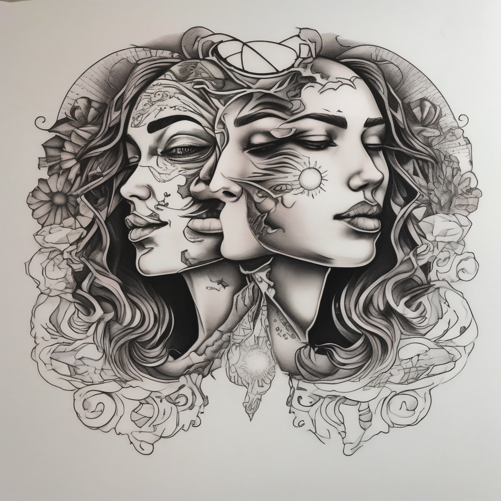 single face half of the face is a woman representing the sun, and the second half is a man representing the moon. half-sleeve-for-men, diseño de tatuaje Realista generado con IA