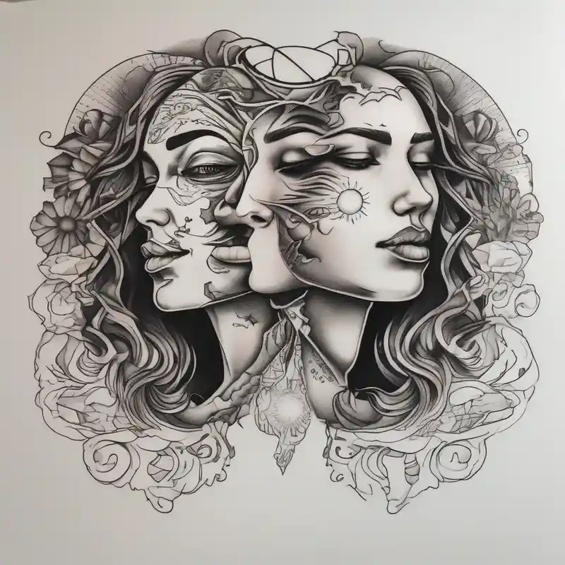 single face half of the face is a woman representing the sun, and the second half is a man representing the moon.