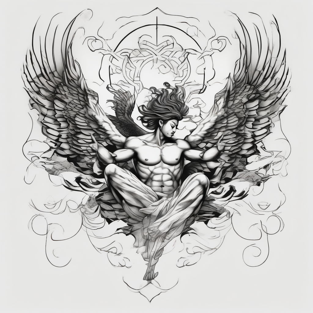 I like tattoos of the falling angel, moreover tattoos related to asiatic culture and Greek mixology. The tattoo is for a men and will be place it in the chest half-sleeve-for-men, AI-generated Japanese tattoo design