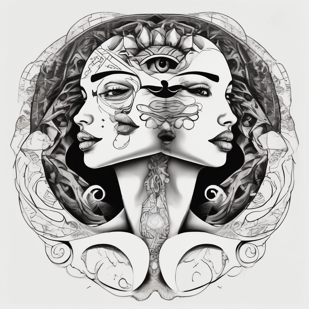 single face half of the face is a woman representing the sun, and the second half is a man representing the moon. half-sleeve-for-men, diseño de tatuaje Cartoon generado con IA