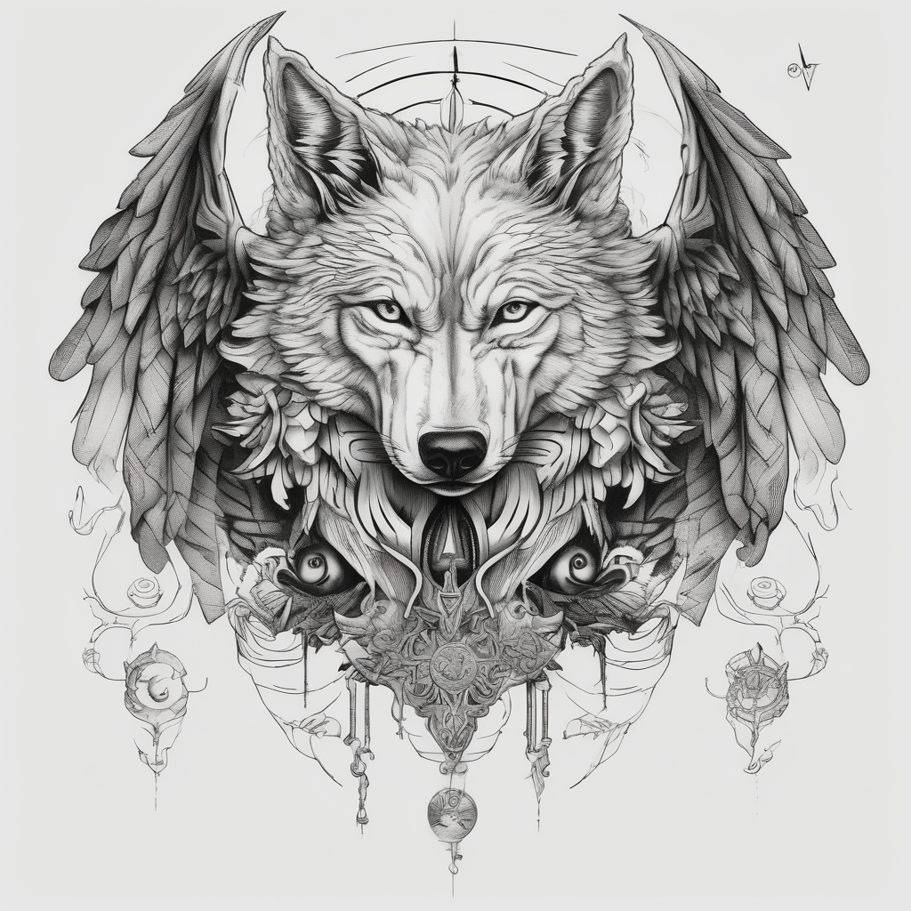 Half wolf half angel half-sleeve-for-men, diseño de tatuaje Surrealista generado con IA