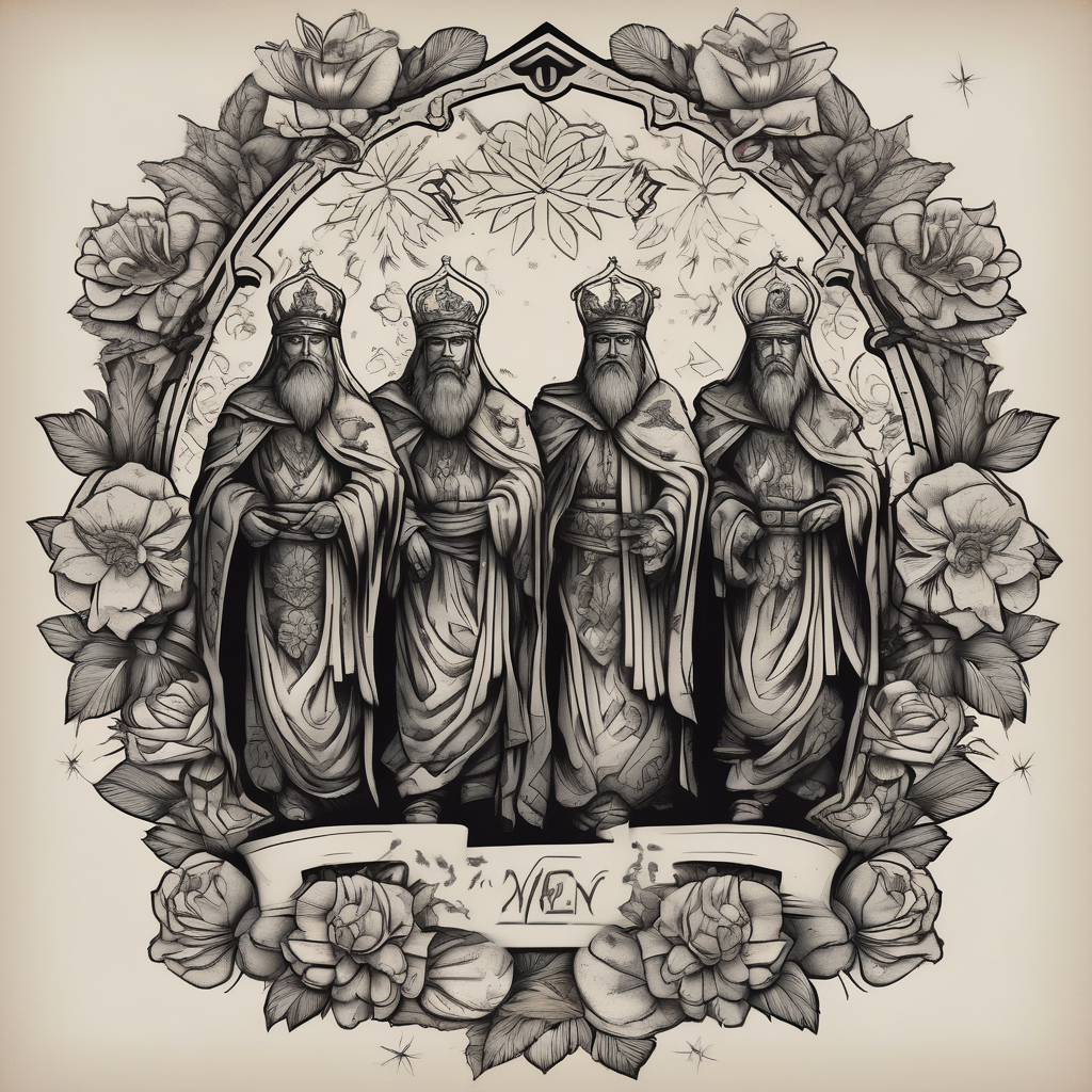 three wise men old school vintage simple traditional design with vintage flowers surrounding it bold color simple half-sleeve-for-men(AIが生成したブラックワークスタイルのタトゥーデザイン)