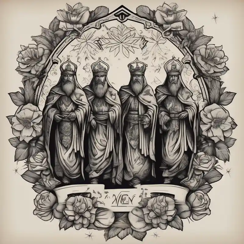 three wise men old school vintage simple traditional design with vintage flowers surrounding it bold color simple – ブラックワーク, 白黒