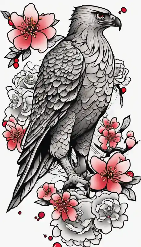 traditional style full leg sleeve with one hawk and cherry blossoms – Cartoon, Couleurs vives