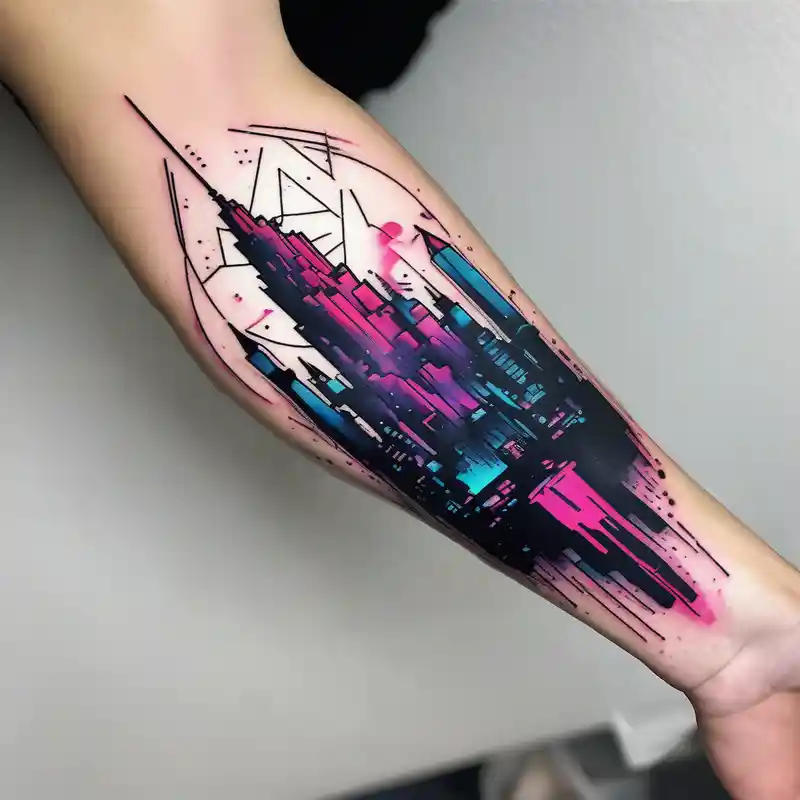 cyberpunk 2077, forearm tattoo, geometric, subtle, men, city skyline, bright colour, panam palmer