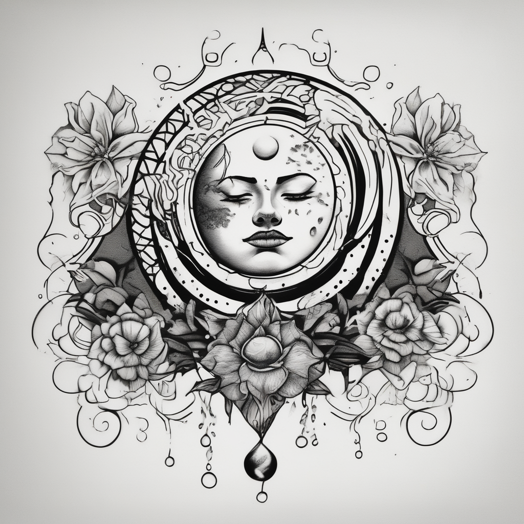 Water element, with half a sun, some flowers and water dots half-sleeve-for-men, diseño de tatuaje Blackwork generado con IA