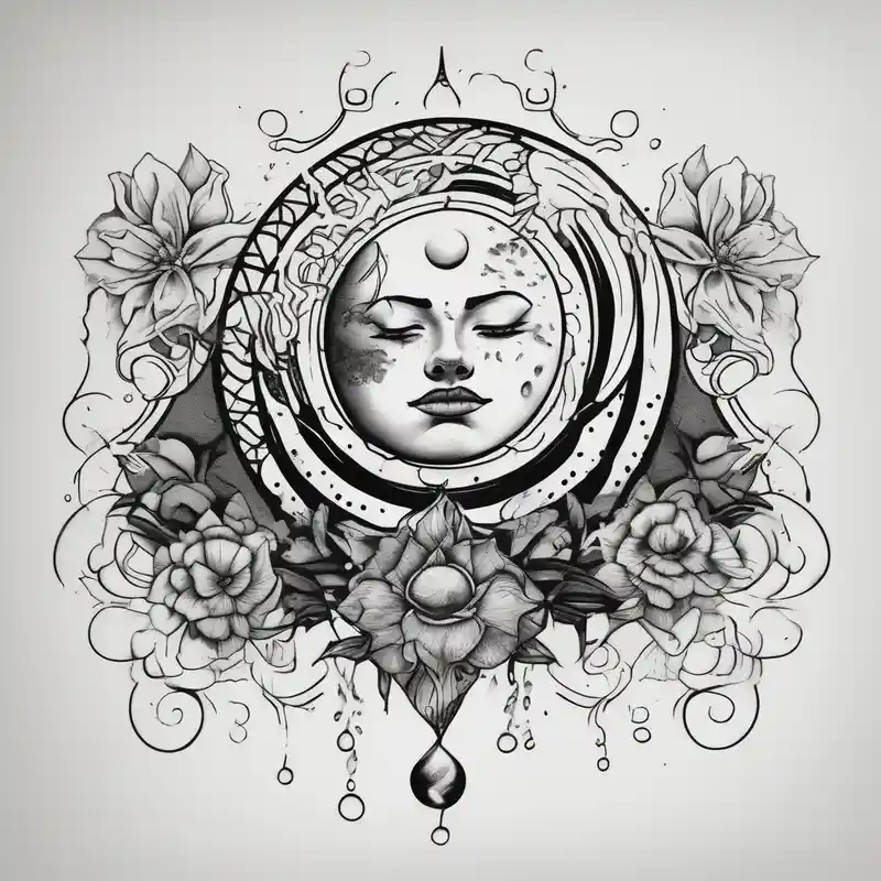 Water element, with half a sun, some flowers and water dots
