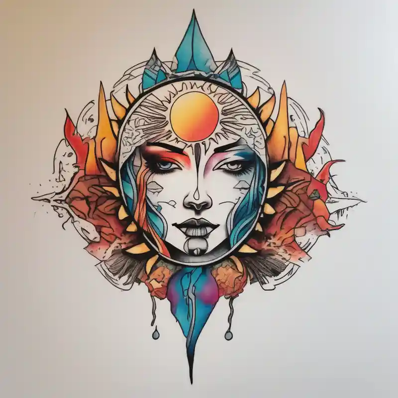 single face half of the face is a woman representing the sun, and the second half is a man representing the moon. the sun has – Acuarela, Colores vivos