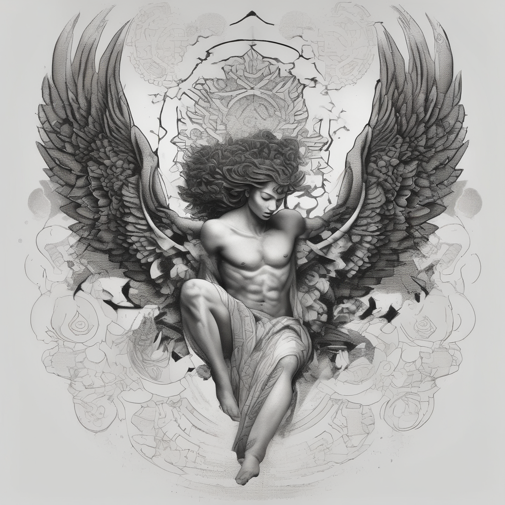 I like tattoos of the falling angel, moreover tattoos related to asiatic culture and Greek mixology. The tattoo is for a men and will be place it in the chest half-sleeve-for-men, AI-generated Dotwork tattoo design