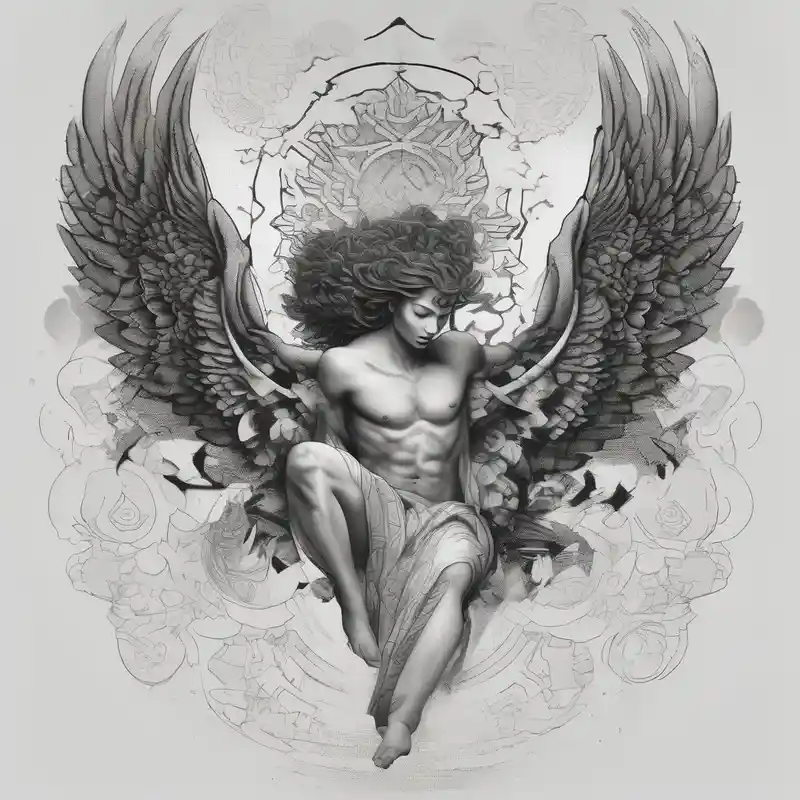 I like tattoos of the falling angel, moreover tattoos related to asiatic culture and Greek mixology. The tattoo is for a men – Dotwork, Black and white