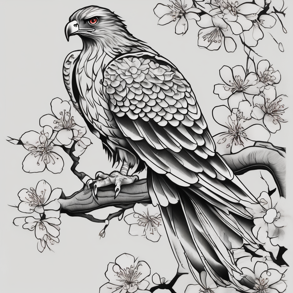 traditional horimono tattoo. leg sleeve with the following elements: hawk and cherry blossoms half-sleeve-for-men, design de tatouage Croquis généré par IA