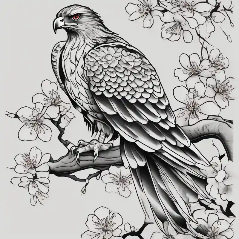 traditional horimono tattoo. leg sleeve with the following elements: hawk and cherry blossoms – Croquis, Noir et blanc