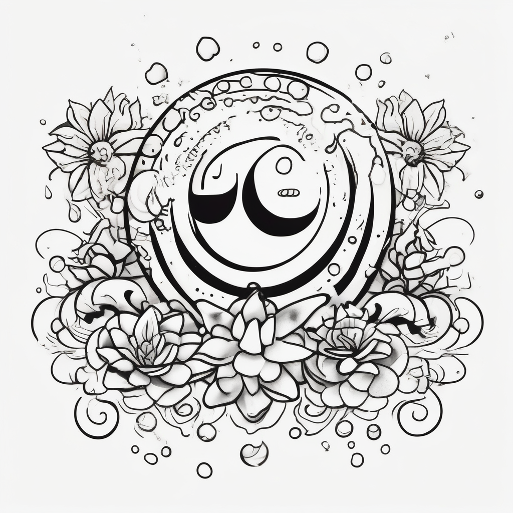 Water element, with half a sun, some flowers and water dots half-sleeve-for-men, diseño de tatuaje Cartoon generado con IA