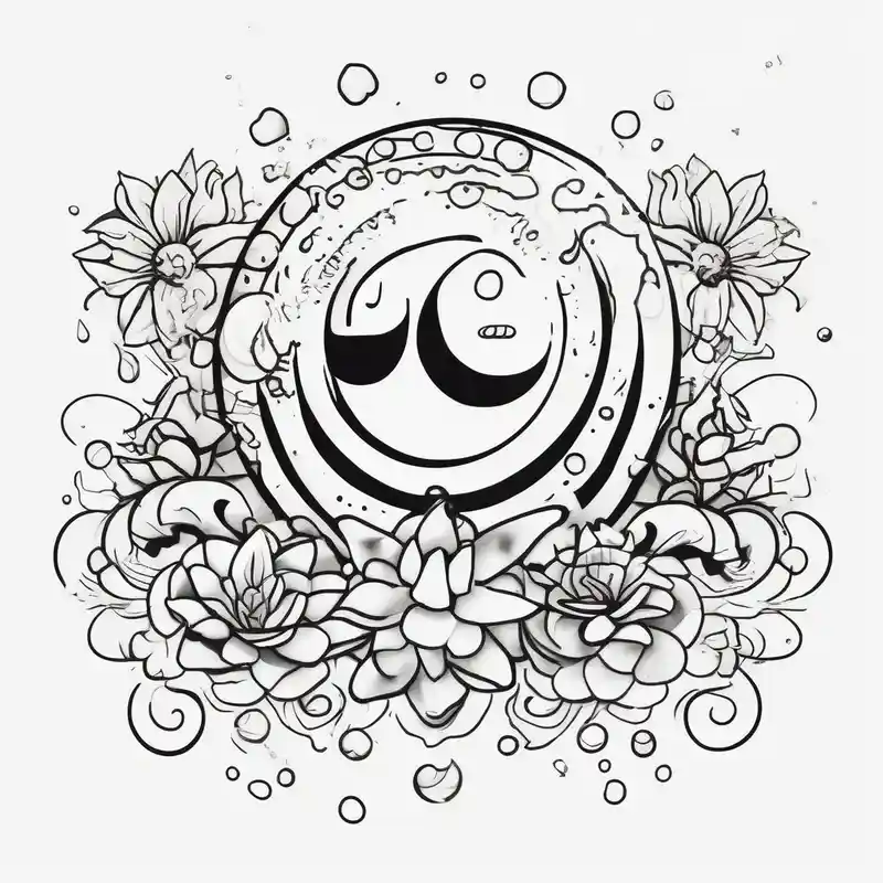 Water element, with half a sun, some flowers and water dots – Caricatura, Colores vivos