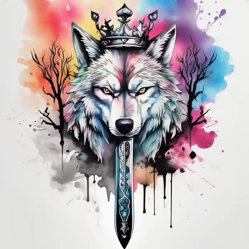 Create a vision of arm tattoo sleeve with combination of sword, crown, tree and three wolves to represent clients family – Watercolor, Vibrant color