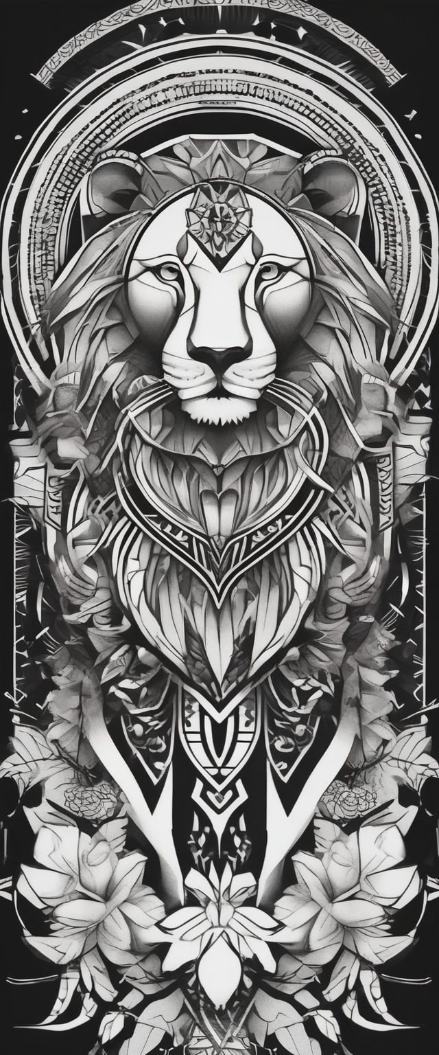 leg full sleeve for men, includes mandalas, flowers, geometric figures and a lion in the calf half-sleeve-for-men, design de tatouage Minimaliste généré par IA