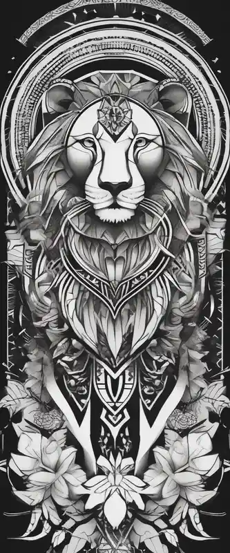 leg full sleeve for men, includes mandalas, flowers, geometric figures and a lion in the calf