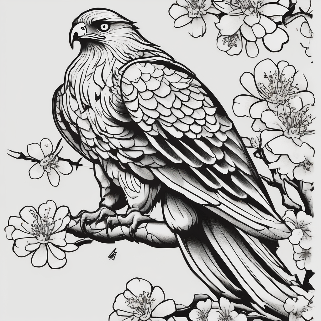 traditional horimono tattoo. leg sleeve with the following elements: hawk and cherry blossoms half-sleeve-for-men, design de tatouage Cartoon généré par IA