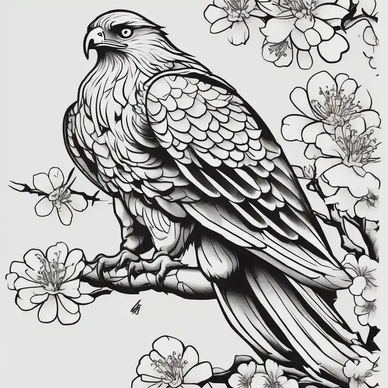 traditional horimono tattoo. leg sleeve with the following elements: hawk and cherry blossoms