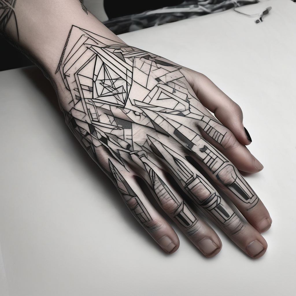 cyberpunk 2077, hand tattoo, geometric, subtle, men half-sleeve-for-men, diseño de tatuaje Boceto generado con IA