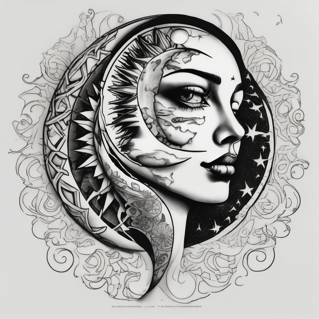 sun and the moon, the overlap the sun has a woman's half face, and the moon, a man's face half making a single face half-sleeve-for-men, diseño de tatuaje Realista generado con IA