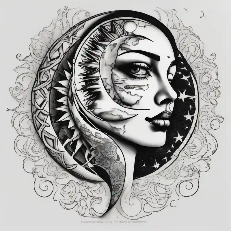 sun and the moon, the overlap the sun has a woman's half face, and the moon, a man's face half making a single face – Realista, Colores vivos
