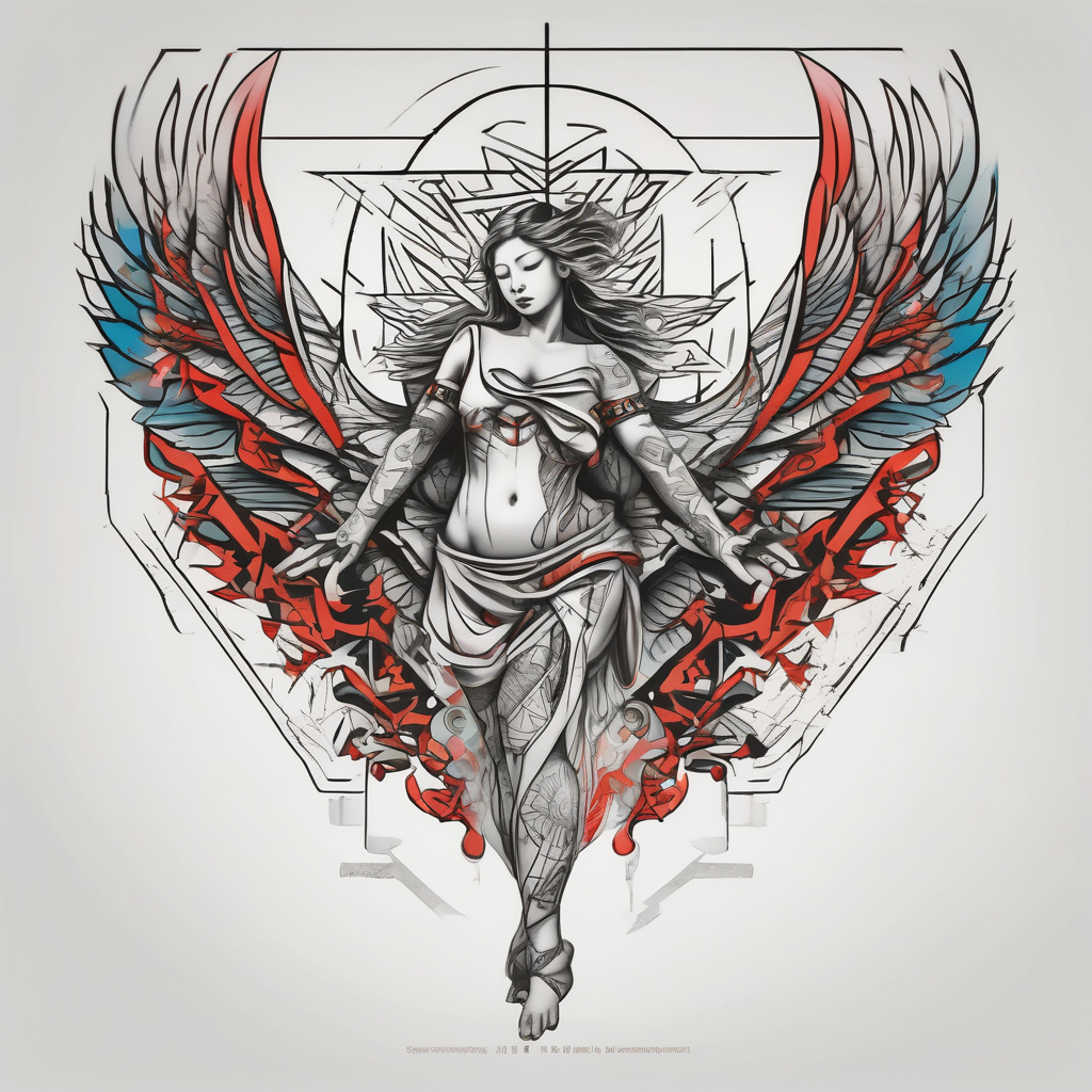 I like tattoos of the falling angel, moreover tattoos related to asiatic culture and Greek mixology. The tattoo is for a men half-sleeve-for-men, diseño de tatuaje Geométrico generado con IA