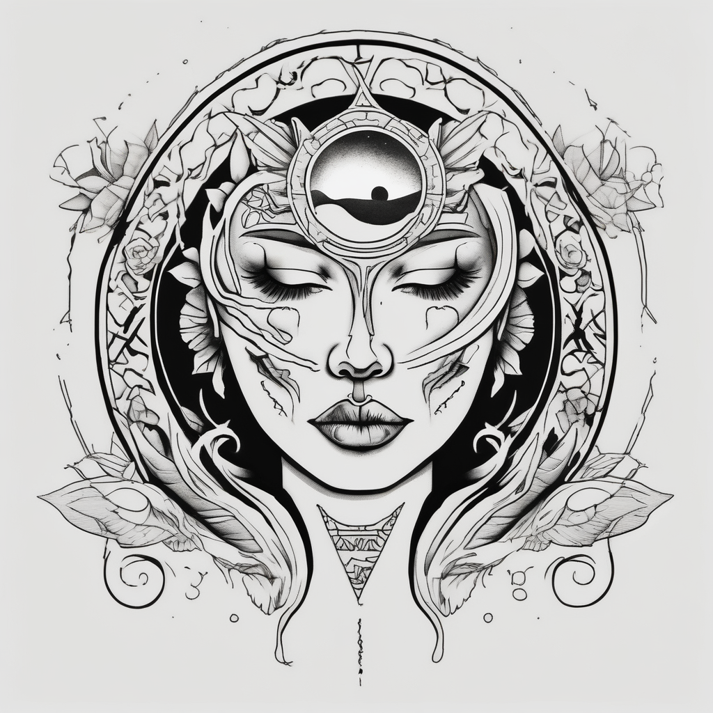 single face half of the face is a woman representing the sun, and the second half is a man representing the moon. the sun has a lake and the moon has a dessert half-sleeve-for-men, diseño de tatuaje Blackwork generado con IA