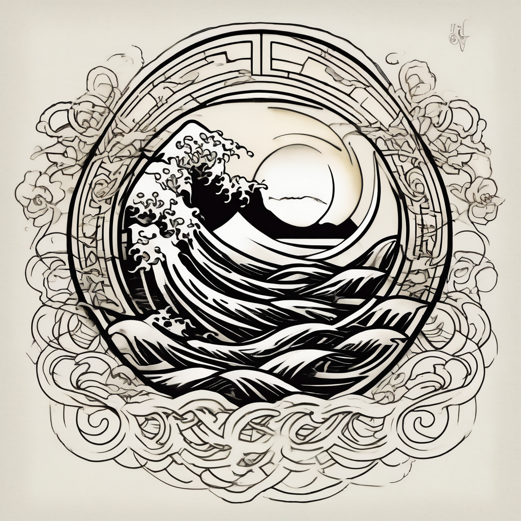 Water element with half a sun, some water dots, half-sleeve-for-men, diseño de tatuaje Japonés generado con IA