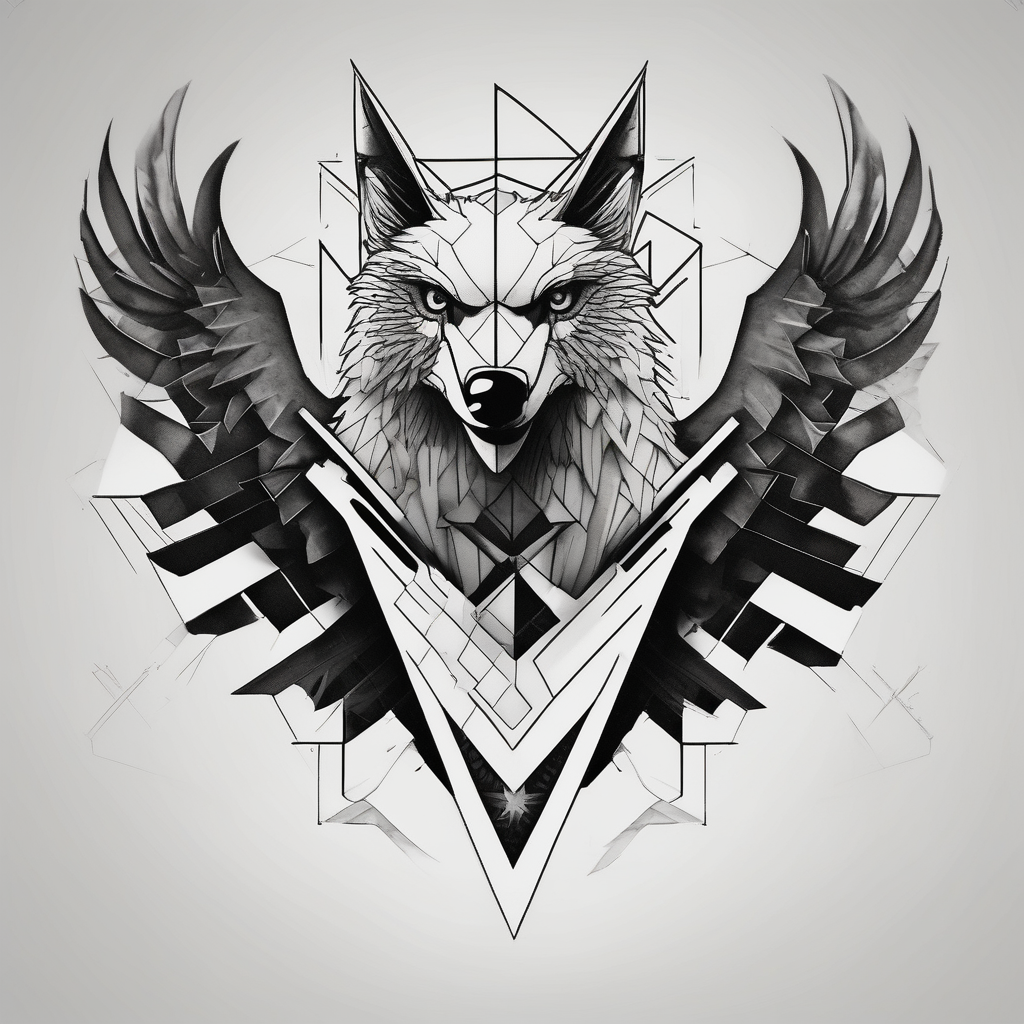 A drawing geometrically half eagle and half wolf half-sleeve-for-men, AI-generated Black and White tattoo design